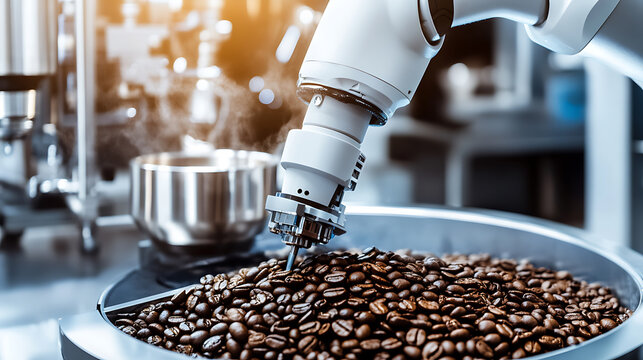 A robotic arm crafting a customized coffee blend in a high tech coffee lab, using AI to optimize aroma and flavor balance, Food-tech style
