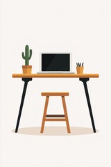 Minimalist workspace illustration featuring a desk, laptop, stool, and decor elements