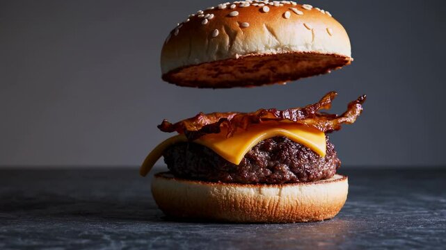 Close-up side view of a cheeseburger with bacon on a dark surface, showcasing a gourmet style perfect for a food video presentation.
