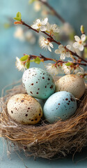 Fototapeta premium Quail Easter eggs in a nest with cherry blossom vertical banner. Happy Easter card.