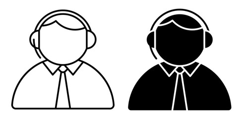 Linear icon. Call center customer service operator with wireless headset on head. Emergency telephone service employee. Simple black and white vector isolated on white background