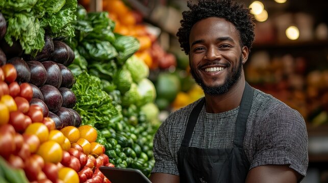 Smiling man in market with produce, tomatoes, lettuce, & bell peppers - Powered by Adobe