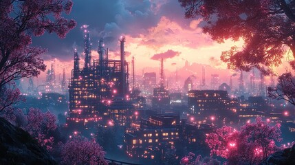Obraz premium A vibrant industrial factory surrounded by glowing, enchanted trees