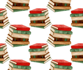 Seamless watercolor pattern featuring vintage stacks of books in red, brown, and green colors. Perfect for literary, antique, and educational designs for fabrics, wallpaper, stationery, home decor.
