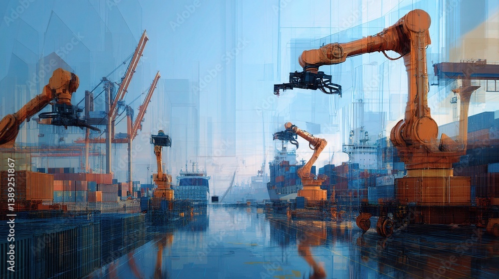 Poster futuristic shipyard with automated robotic arms in operation