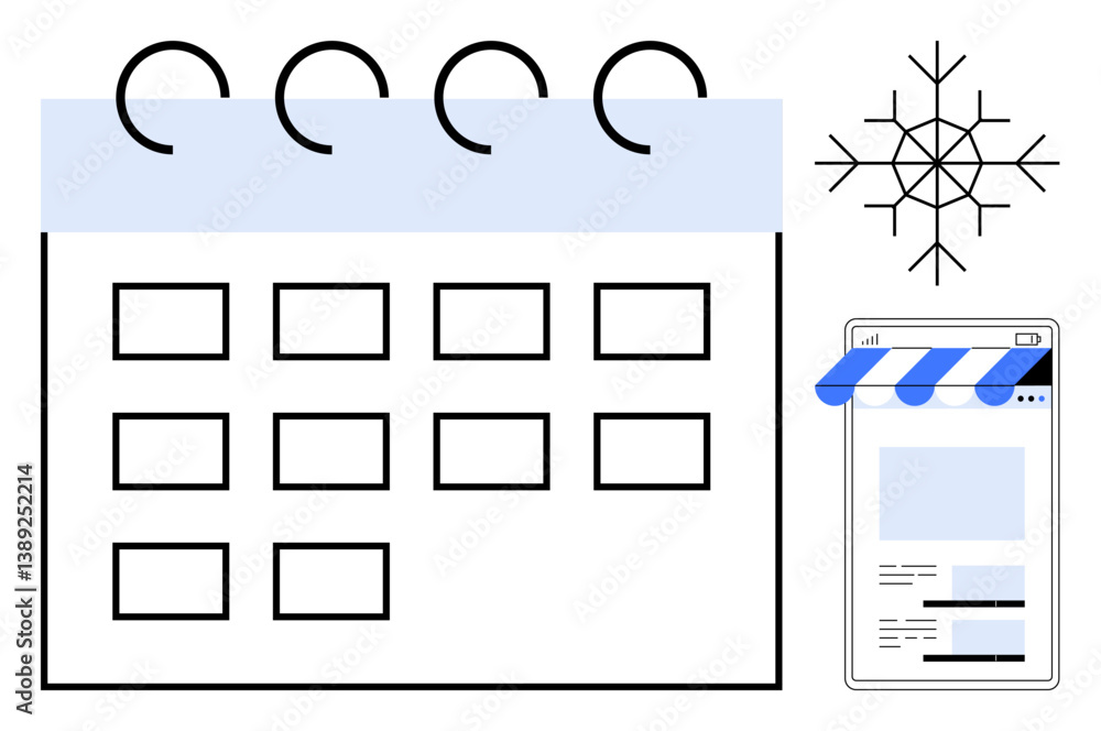 Poster monthly calendar beside winter snowflake and e-commerce mobile interface. ideal for scheduling, wint