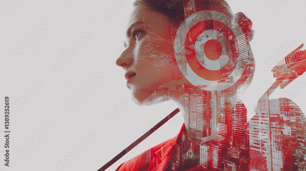 Poster dynamic businesswoman with virtual target in double exposure image