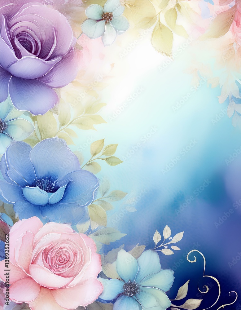 Poster watercolor background with colorful roses with copy space for invitation.