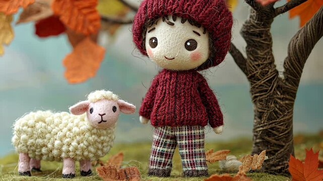 A cute little boy in a red woolen hat and maroon sweater