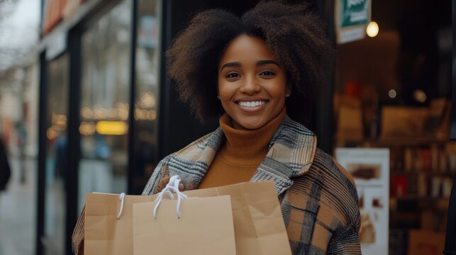 Smiling woman with shopping bags after a successful shopping spree in the city.