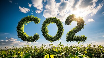 Artistic portrayal of CO2 made from leaves showcasing a message about sustainability against a clear sky : Generative AI