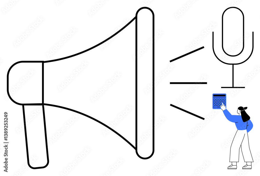 Poster large megaphone and floating microphone with small character holding a laptop, symbolizing broadcast