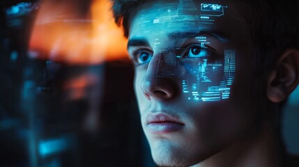 Man with digital interface overlay reflecting on his face in a futuristic technology setting