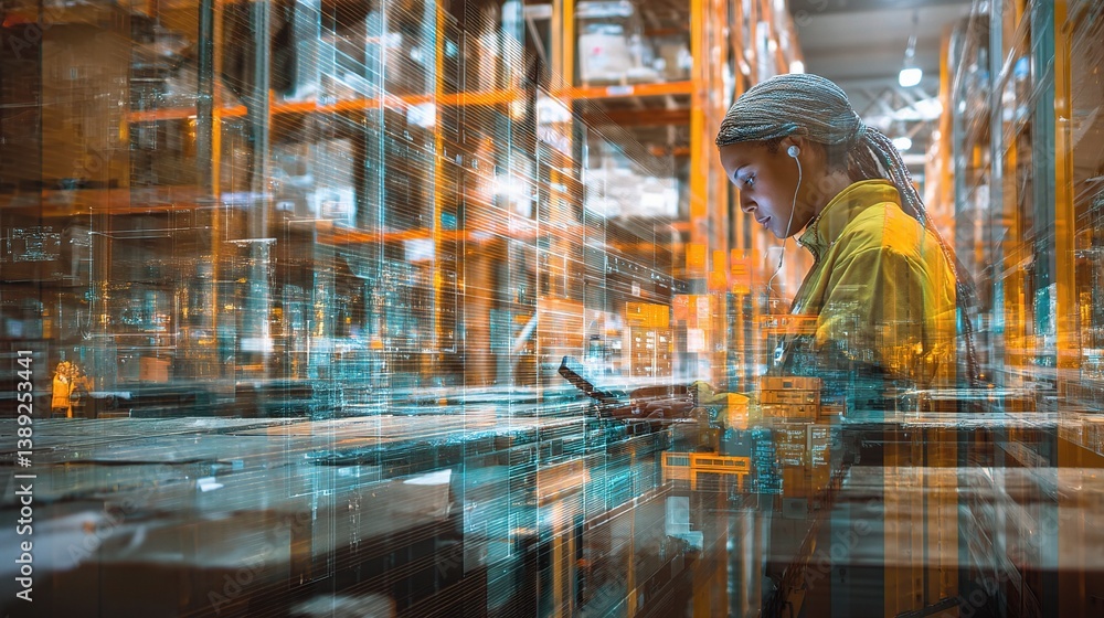 Poster employee using device in warehouse with double exposure effect