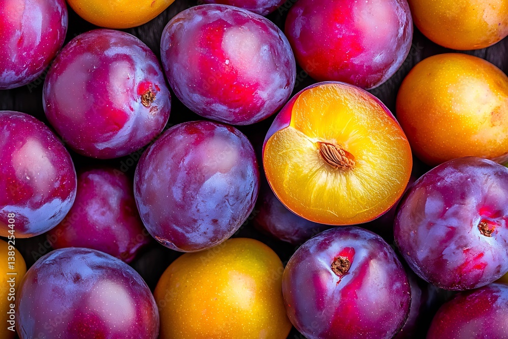 Aufkleber vibrant plums and ripe apricots captured in a fresh fruit display on wooden background : generative 