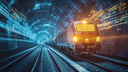 Fototapeta premium Cargo Train Emerging From Tunnel with Digital Background Effects