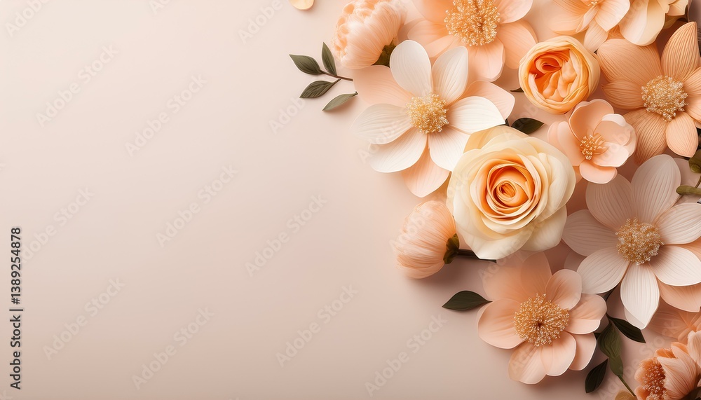 Poster peach flowers on a pastel background with copy space.