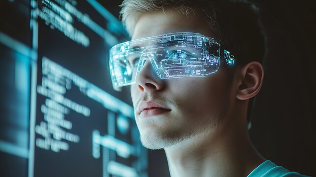 Man wearing augmented reality glasses looking at code on a screen in a dark environment