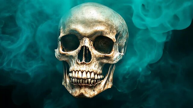 Detailed human skull encircled by eerie blue smoke against a dark backdrop, creating a macabre and atmospheric digital illustration.