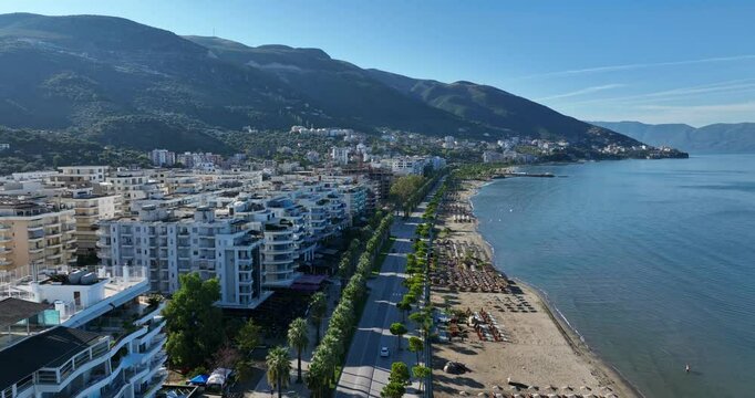 Seaside Hotels at Mediterranean Coast in Vlore Albania AERIAL PULLBACK