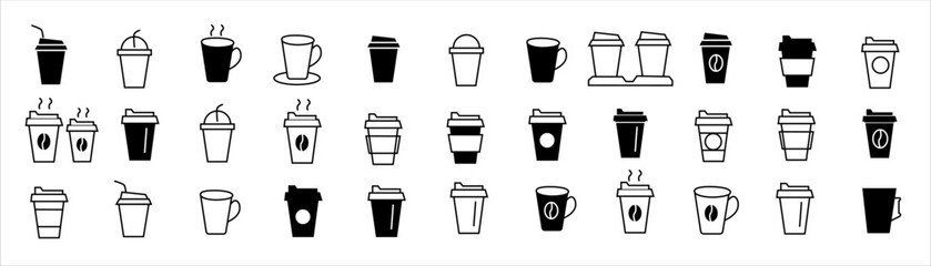 Coffee cup line web icons. Coffee paper cup, plastic container for hot and cold drink, juice, tea. Disposable cup.Vector illustration