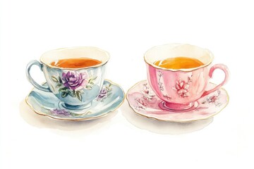 Fototapeta premium Two delicate tea cups filled with brewed tea on saucers