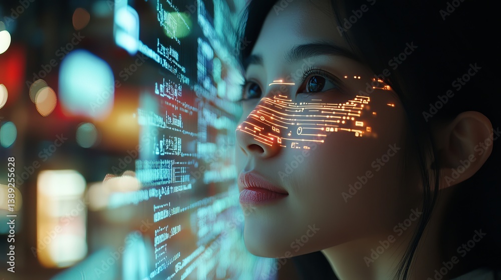 Poster woman looking at digital interface with data projected onto face and screen in futuristic setting