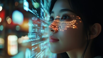 Woman looking at digital interface with data projected onto face and screen in futuristic setting
