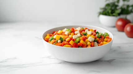 A deep bowl of chilled gazpacho, topped with finely chopped bell peppers and croutons, placed on a white marble surface