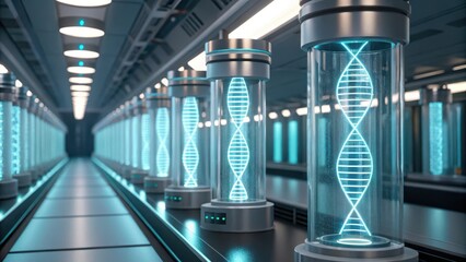 synthetic biology concept Futuristic lab featuring illuminated DNA models in glass containers along a sleek corridor.