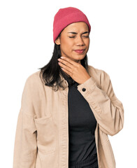 Young Filipino woman in studio suffers pain in throat due a virus or infection.