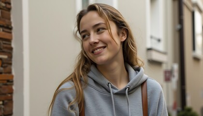Beautiful Young Woman In Hoodie Smiling Outdoors With Natural Light Portrait