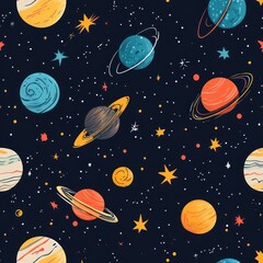 A vibrant illustration of colorful planets and stars scattered broadly