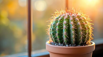 Fototapeta premium Golden Hour Cactus: A Stunning Close-up of a Potted Succulent Basking in Sunlight