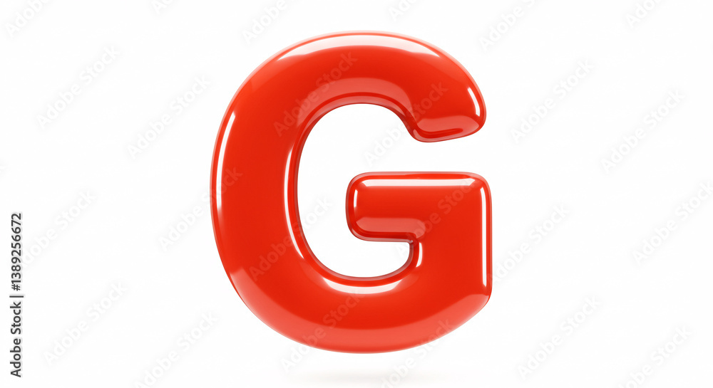 Fototapete glossy red letter g isolated on white background in bright 3d rendering design