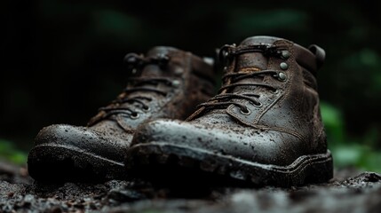 Mud-caked hiking boots on forest floor