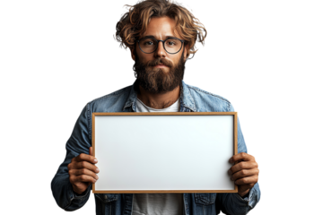 A man with a beard and glasses holds a blank sign, smiling, against a white isolated background.