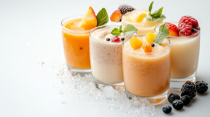 Fototapeta premium Variety of Colorful Fruit Smoothies in Glasses on White Surface with Peach Raspberry and Blackberry Garnish and Powdered Sugar with Studio Lighting