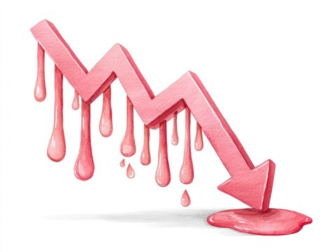 A pink downward arrow dripping with red liquid, symbolizing a decline or loss, possibly in a financial or emotional context.