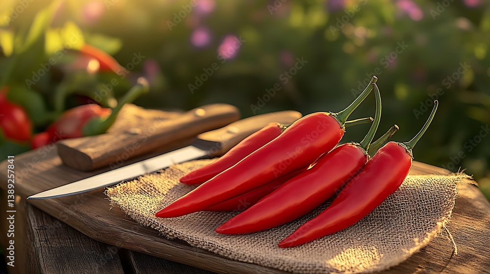 Poster artfully arranged red chili peppers and knife on rustic wooden table with a beautiful garden backdro