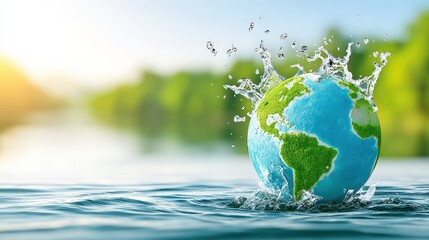 A globe splashes into water, symbolizing environmental awareness and the beauty of nature, with lush greenery in the background and sunlight illuminating the scene. © dreamer