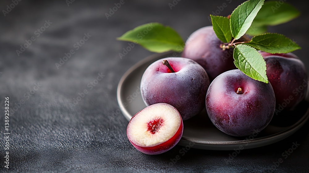 Poster delicious ripe plums displayed on a plate with a slice and fresh leaves : generative ai