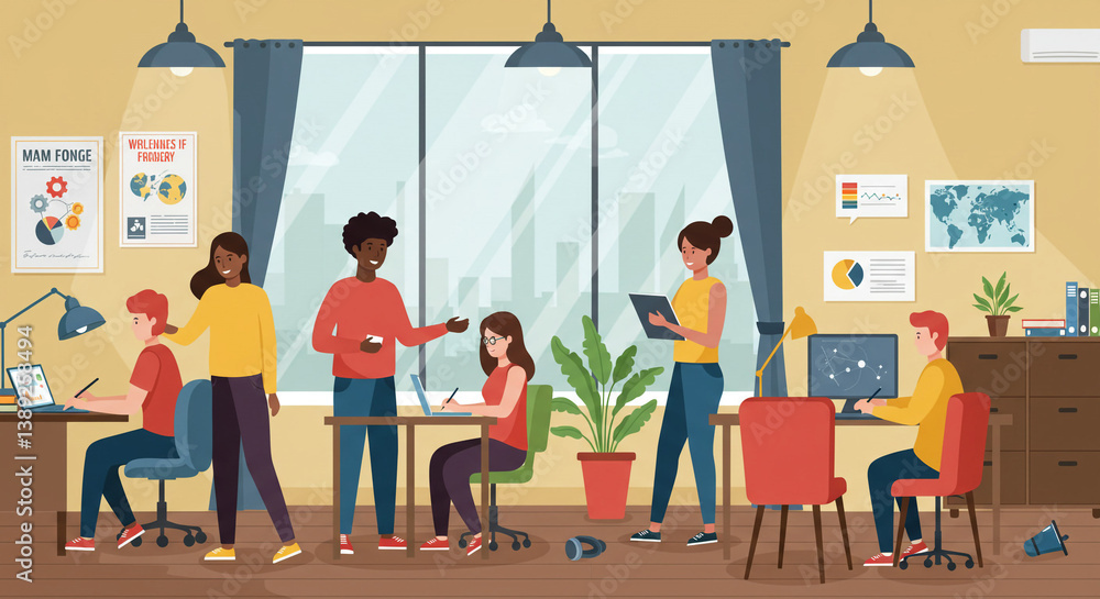 Poster a flat design of shared workspace with multiple freelancers