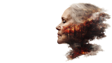 A thoughtful elderly woman's profile blended with imagery of forest fires, reflecting the impact of environmental issues.