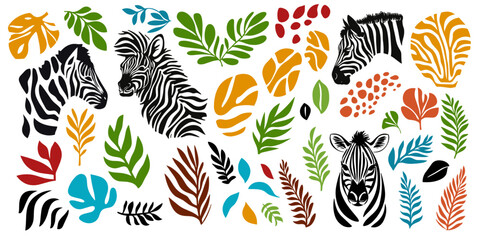 Safari design elements. Zebras and tropical leaves. 