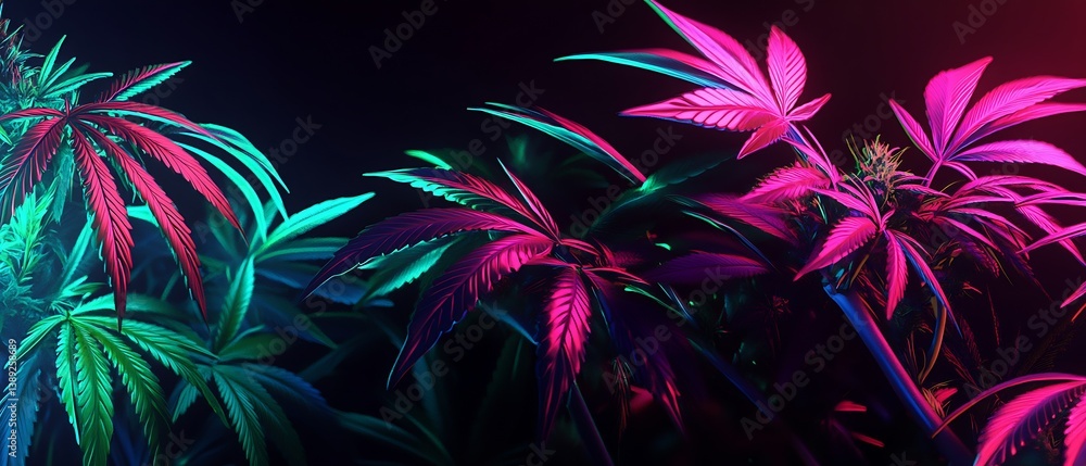 Poster vibrant and colorful cannabis plants illuminated with neon lights in a dark background : generative 