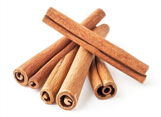 A realistic stock photo of cinnamon sticks on a white background, high-resolution photography, high quality. 