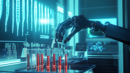 A robotic arm handling test tubes in a DNA research facility, holographic genetic code projections in the background, Scientific style