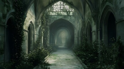 Fototapeta premium Overgrown Gothic Cloister Hallway, Ruins, Mist