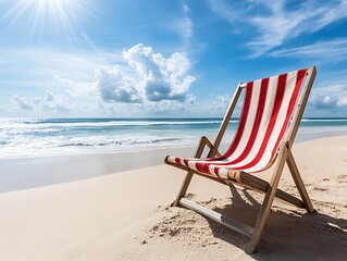 Stylish Beach Lounge Chair in Striped Fabric Surrounded by Waves Under a Bright Sky : Generative AI